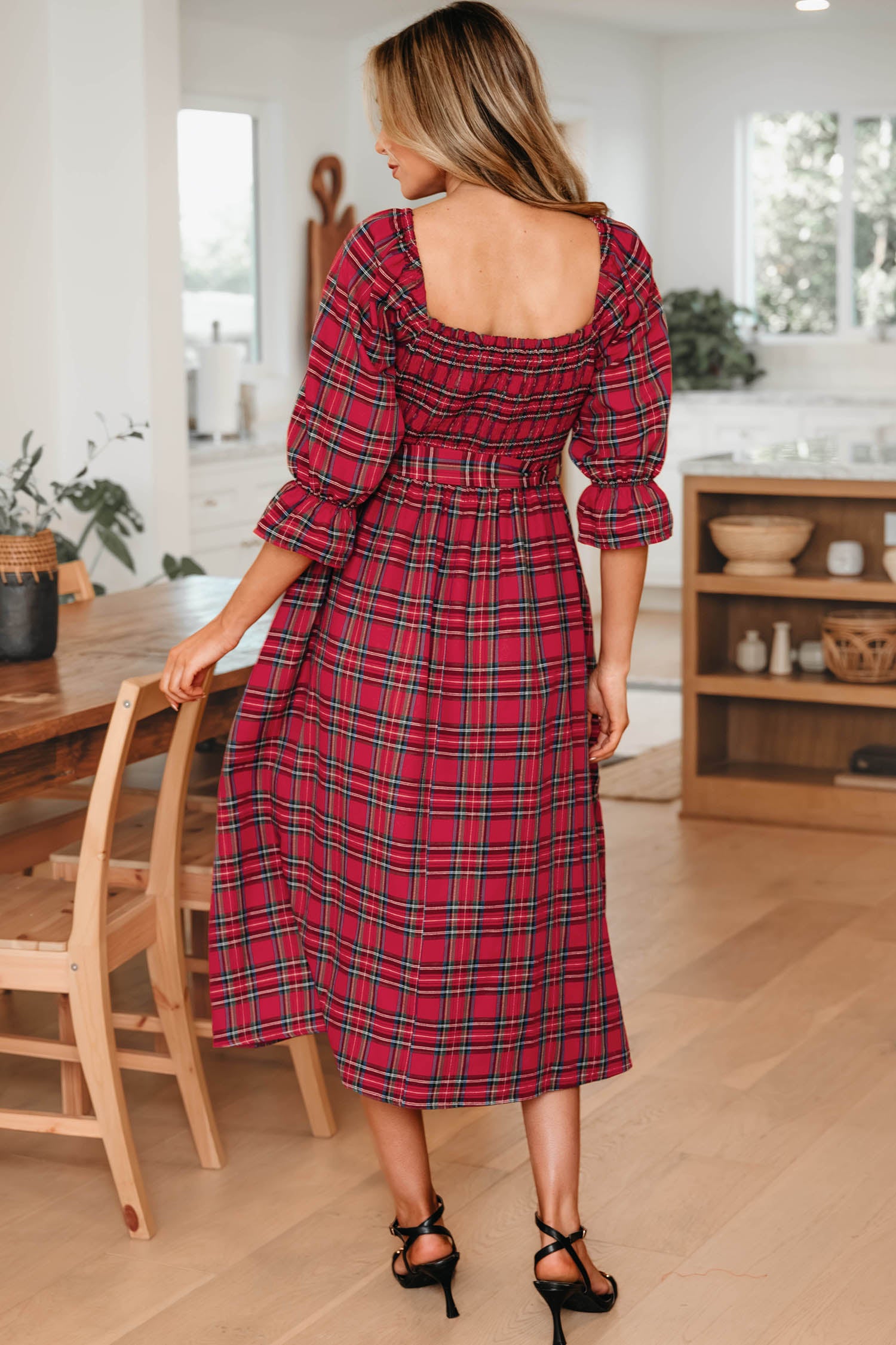 Tartan Plaid Square Neck Puff Sleeve Flared Midi Dress Bazaarre Mart Dresses/Maxi Dresses