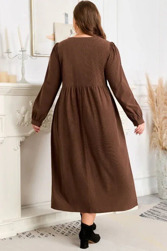 Coffee Embroidered Notched Neck Textured Midi Dress Bazaare Mart Plus Size/Plus Size Dresses/Plus Size Midi Dresses