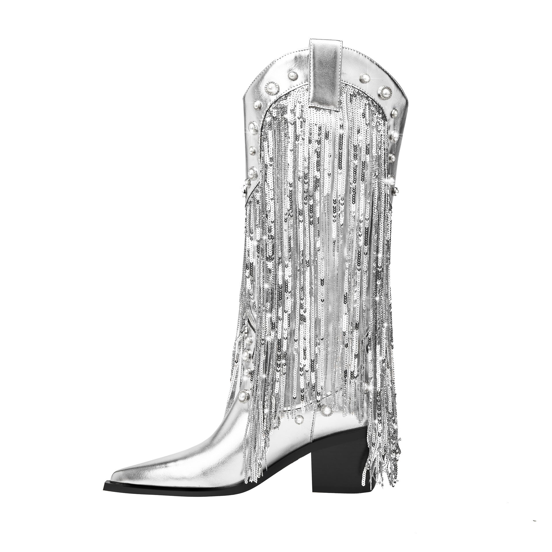 Silver Tassel Pointed Toe Knee High Boots