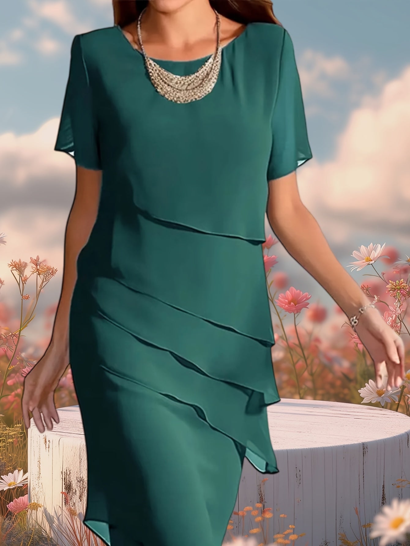 Short Sleeve Layered Slim Fit Chiffon Dress