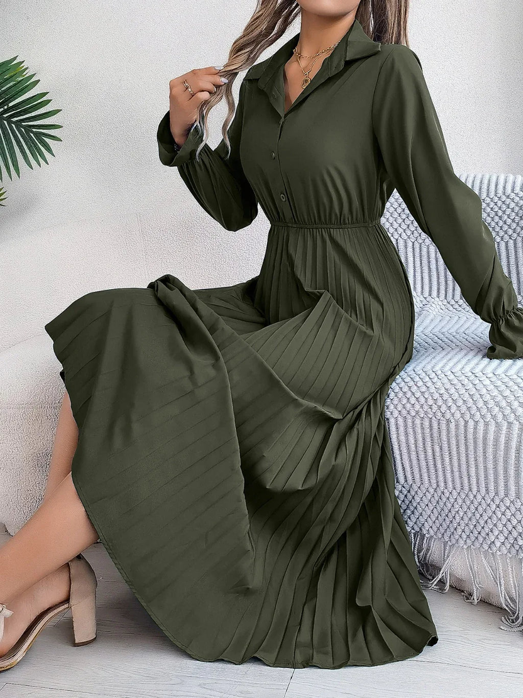 Pleated Half Button Long Sleeve Midi Dress Army Green Bazaare Mart Pleated Half Button Long Sleeve Midi Dress