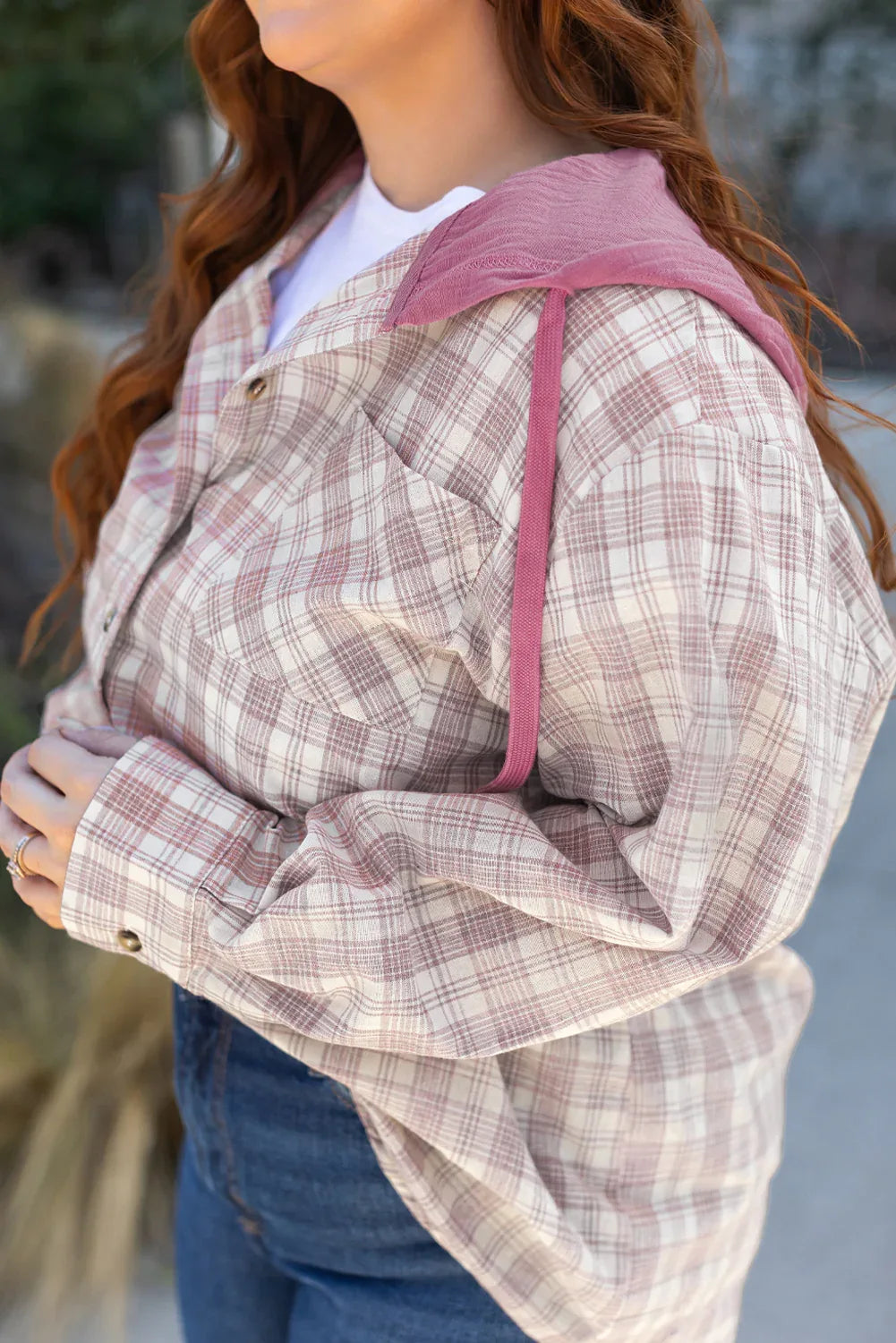 Pink Plaid Hooded Shirt Bazaare Mart Plus Size/Plus Size Tops/Plus Size Blouses & Shirts