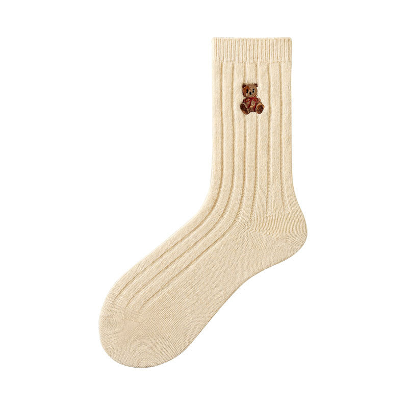 Women's Solid Color Embroidered Bear Socks