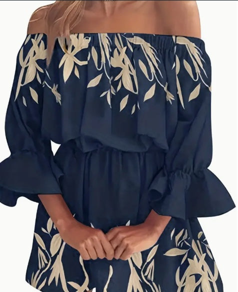 Floral Print Off-Shoulder Ruffle Sleeve Mini Dress Navy Leaf CJ Dropshipping Off Shoulder Dress