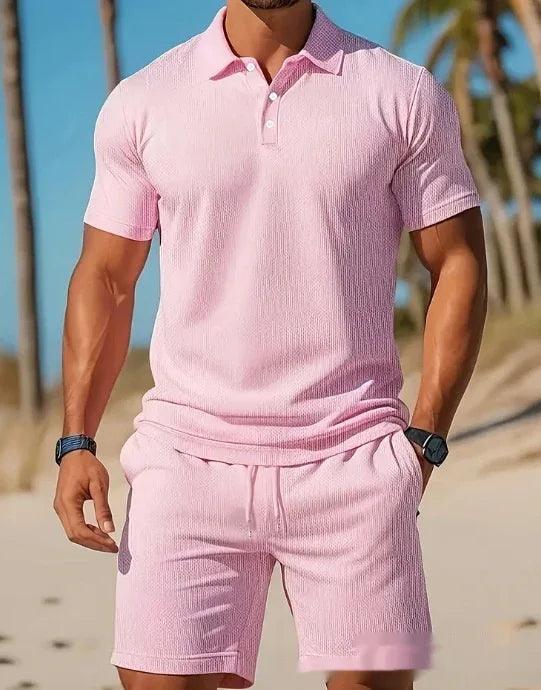 Men's Polo Shirt And Matching Drawstring Shorts Set Pink Bazaare Mart Shorts Set