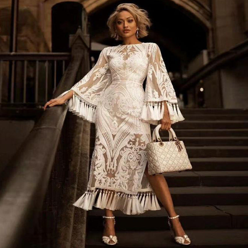 Lace Embroidered Tassel Hem Maxi Dress – Long Sleeve Boho A-Line Dress CJ Dropshipping White Tassel Long Sleeve Midi Dress