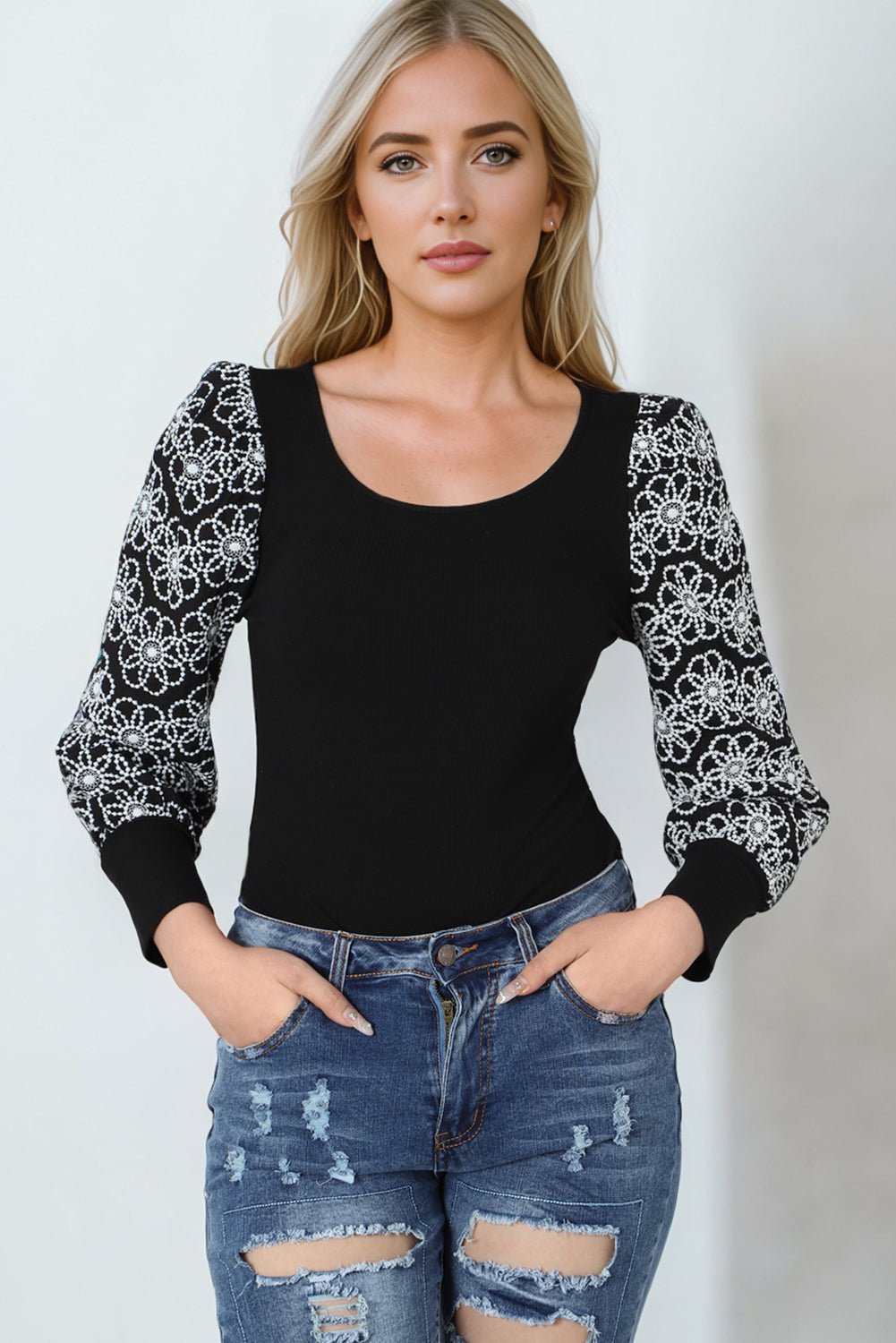 Long Sleeve Daisy Embroidered Knit Top