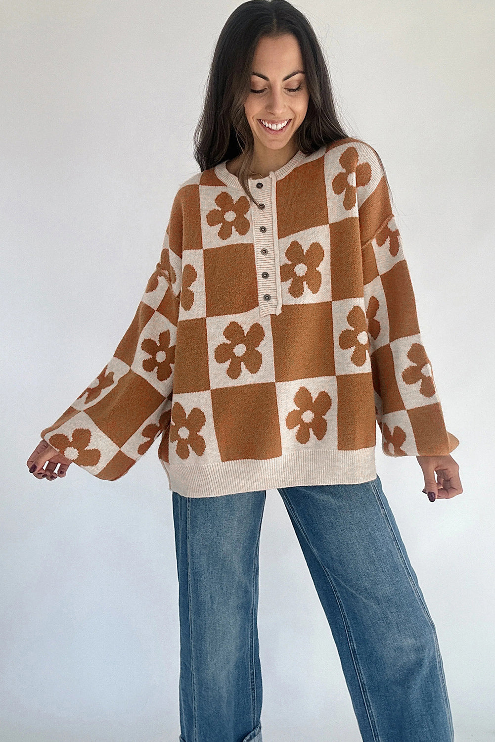 Brown Flower Colorblock Checkered Henley Sweater