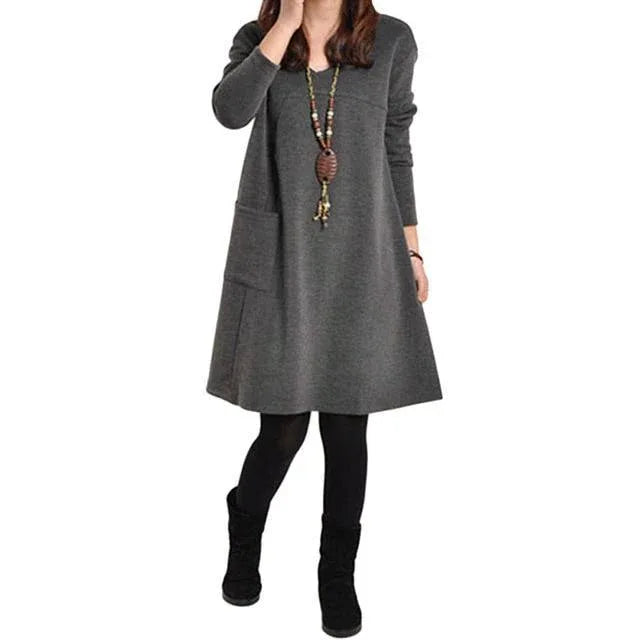 Women Plus Size Long Sleeve Solid Color Dress Gray Bazaare Mart Long Sleeve A Frame Dress