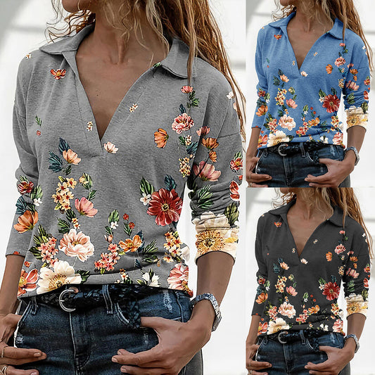 Floral Collared V-neck Long Sleeve Ladies Top