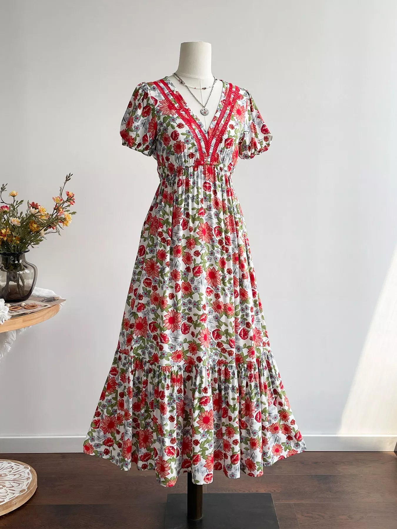 Floral Print V-Neck Ruffle Hem Maxi Dress Bazaare Mart Floral Print V-Neck Ruffle Hem Midi Dre