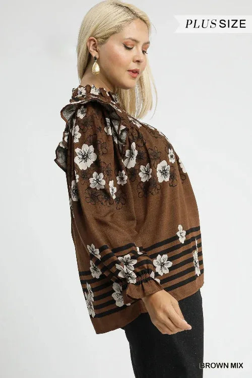 Umgee Brown Mix Floral Smocked Ruffle Blouse Bazaare Mart Blouse