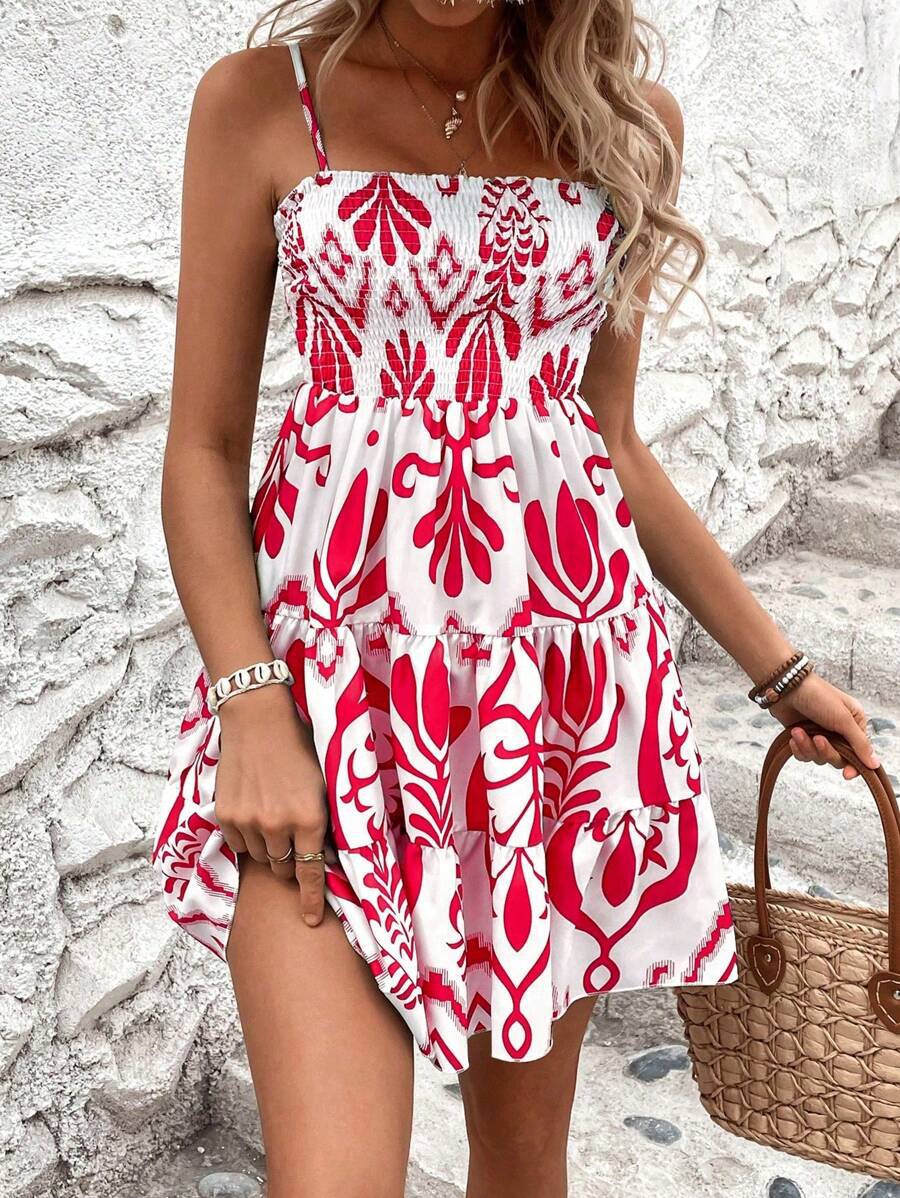 Women’s Plant Print Smocked Cami Mini Dress – Tiered Ruffle Spaghetti Strap Sundress Red CJ Dropshipping Floral Sun Dress