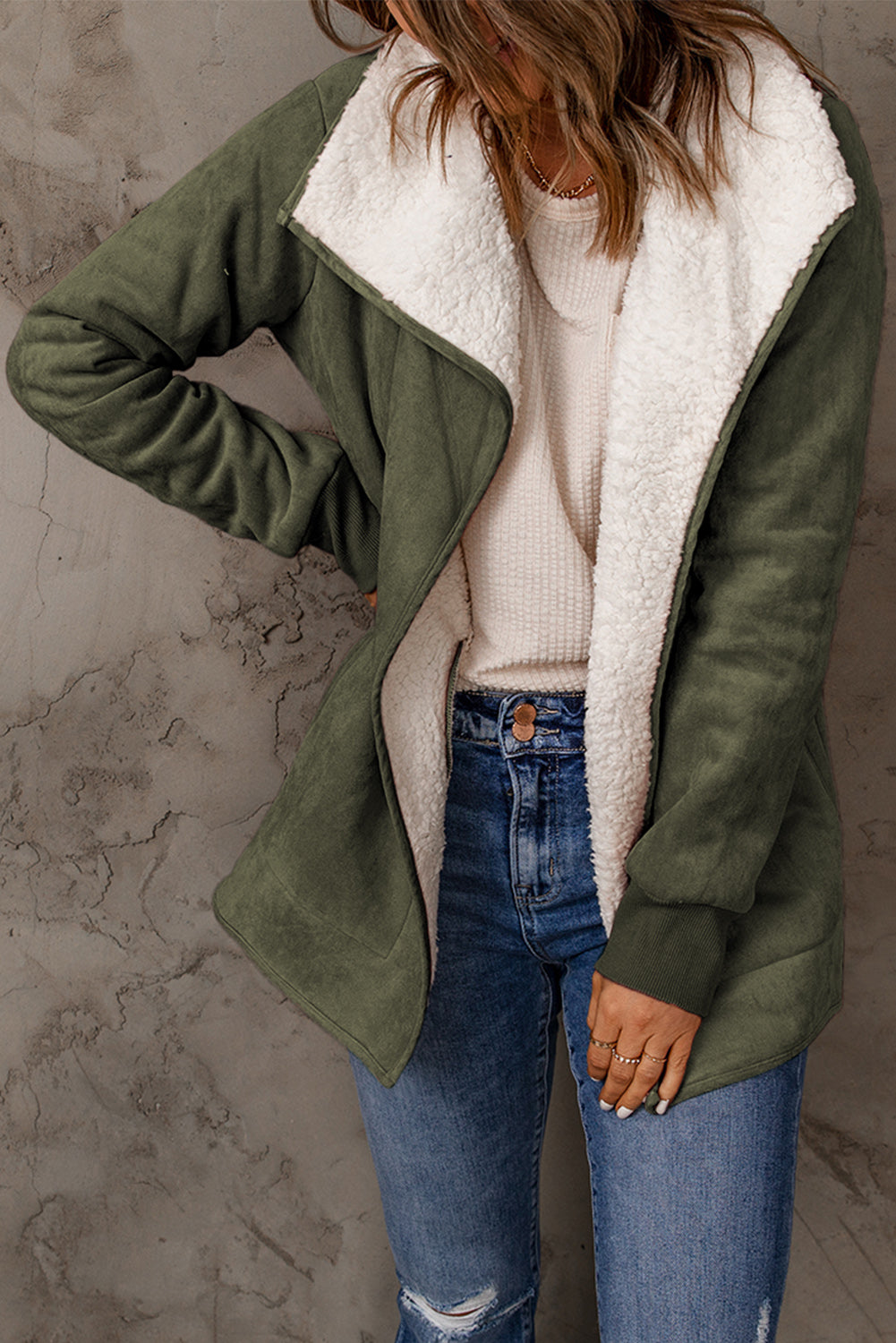 Green Faux Suede Fleece Lined Jacket