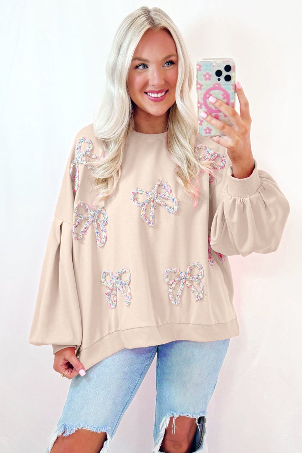 Parchment Embroidered Bow Lantern Sleeve Sweatshirt