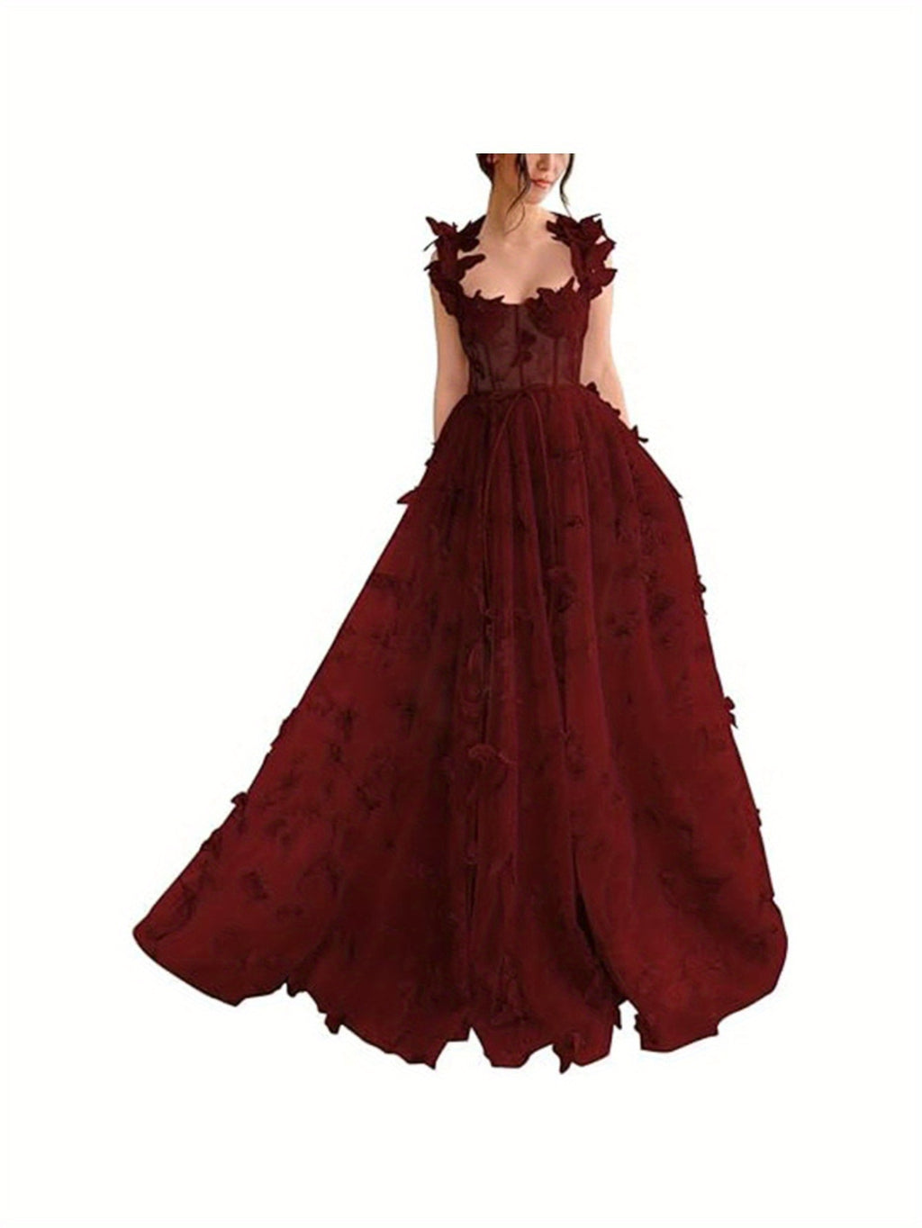 Elegant Long Sheer Flowy Floral & Butterfly Lace Gown