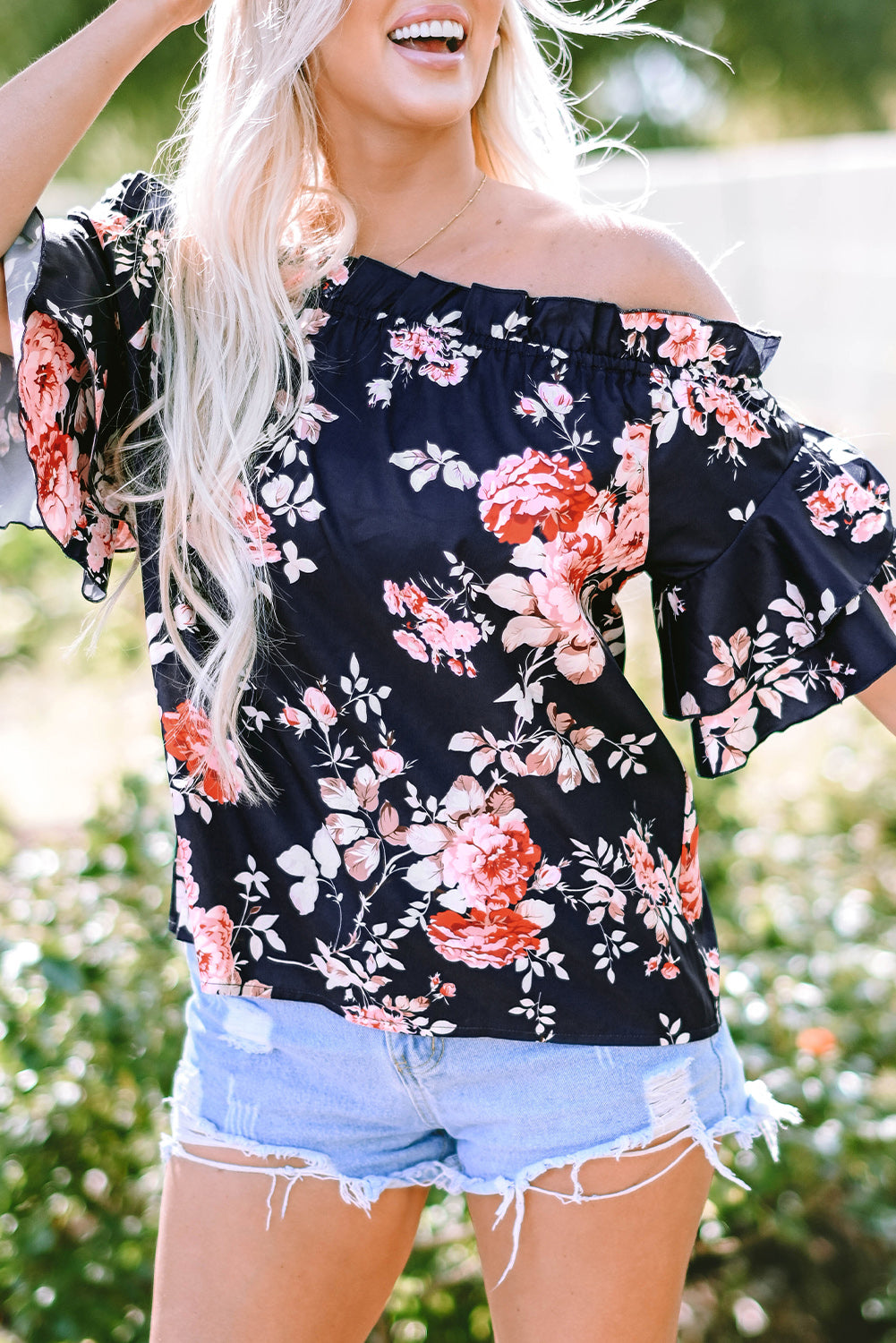 Navy Off Shoulder Flounce Sleeve Floral Blouse