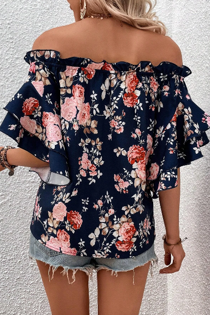 Back of Navy Off-shoulder flounce Rose Top