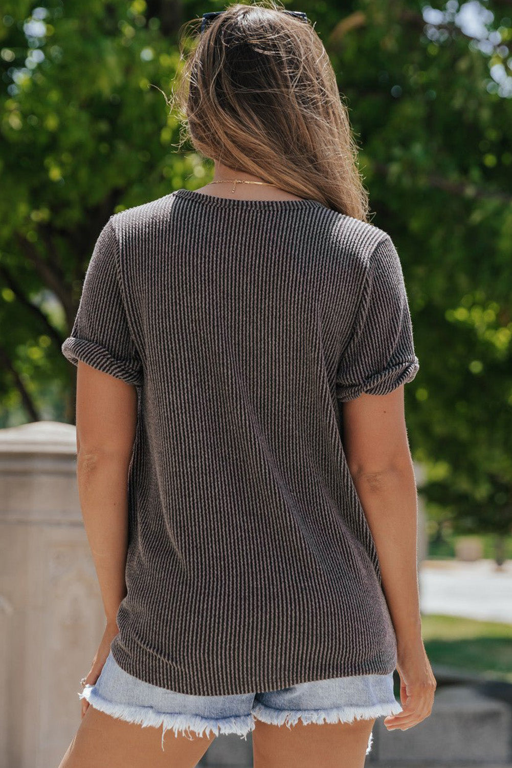 Carbon Grey Short Sleeve Corded V Neck Top
