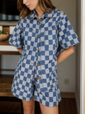 Blue Checkered Button Up Shorts Set Dusty Blue Bazaare Mart Checkered Button Up Half Sleeve Top and Shorts