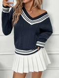 Contrast Striped V-Neck Sweater Dark Blue Trendsi Contrast Striped V-Neck Sweater