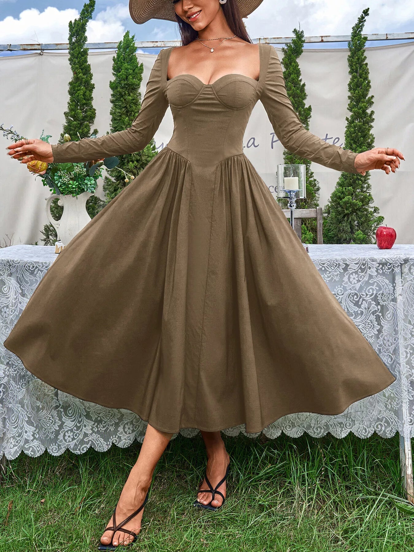 Sweetheart Neckline Long Sleeve A-Line Midi Dress Trendsi Sweetheart Neckline Long Sleeve A-Line Midi