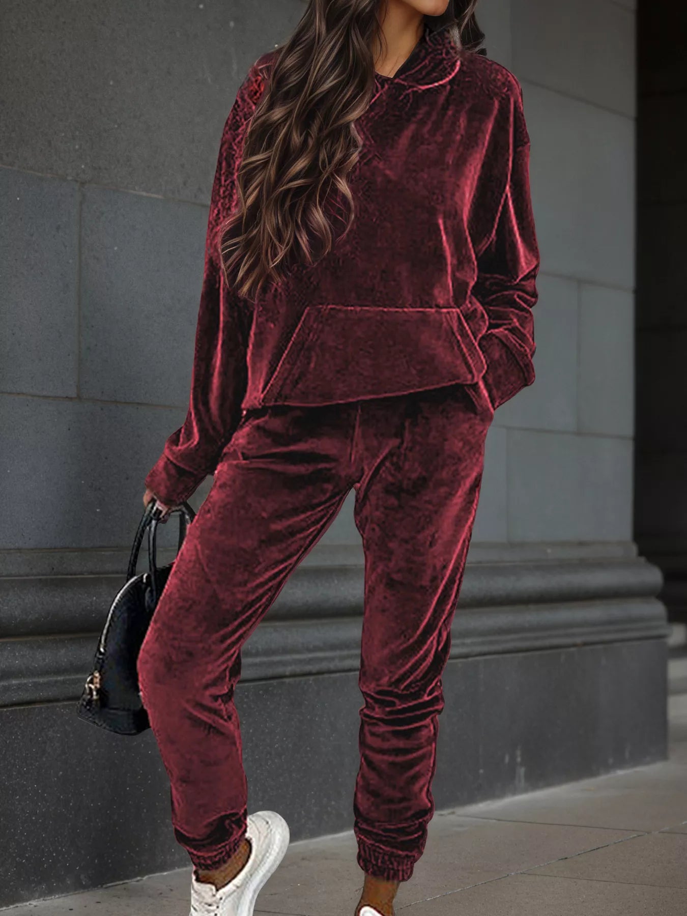 Velvet Long Sleeve Hoodie and Pants Set Wine Red Bazaare Mart Velvet Long Sleeve Hoodie and Pants Set