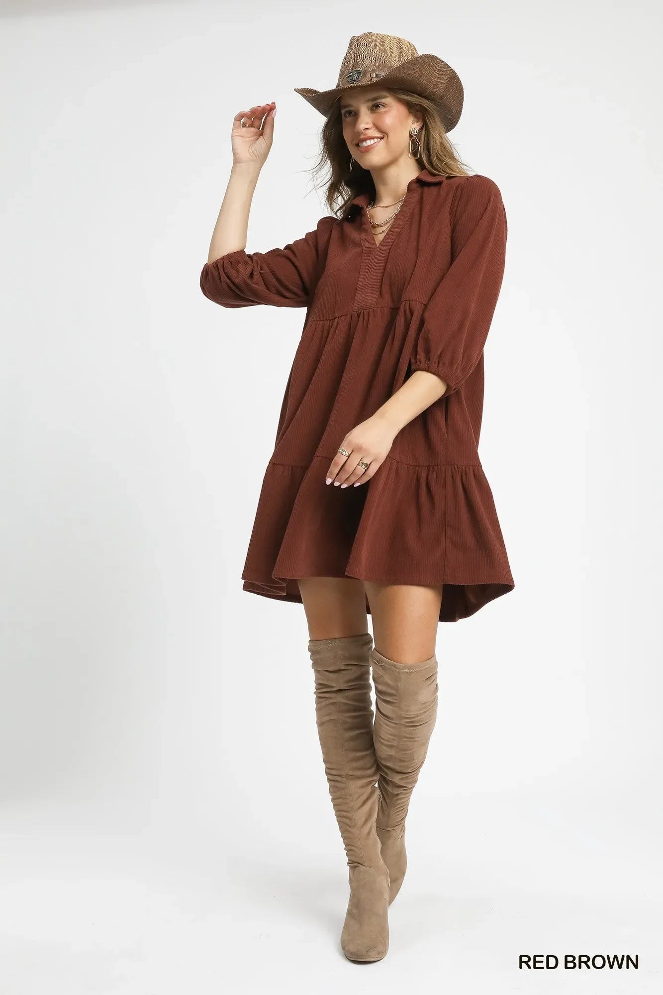 Umgee Tiered Corduroy Mini Dress with Balloon Sleeves Trendsi Tiered Corduroy Mini Dress with Balloon Sleeve Dress