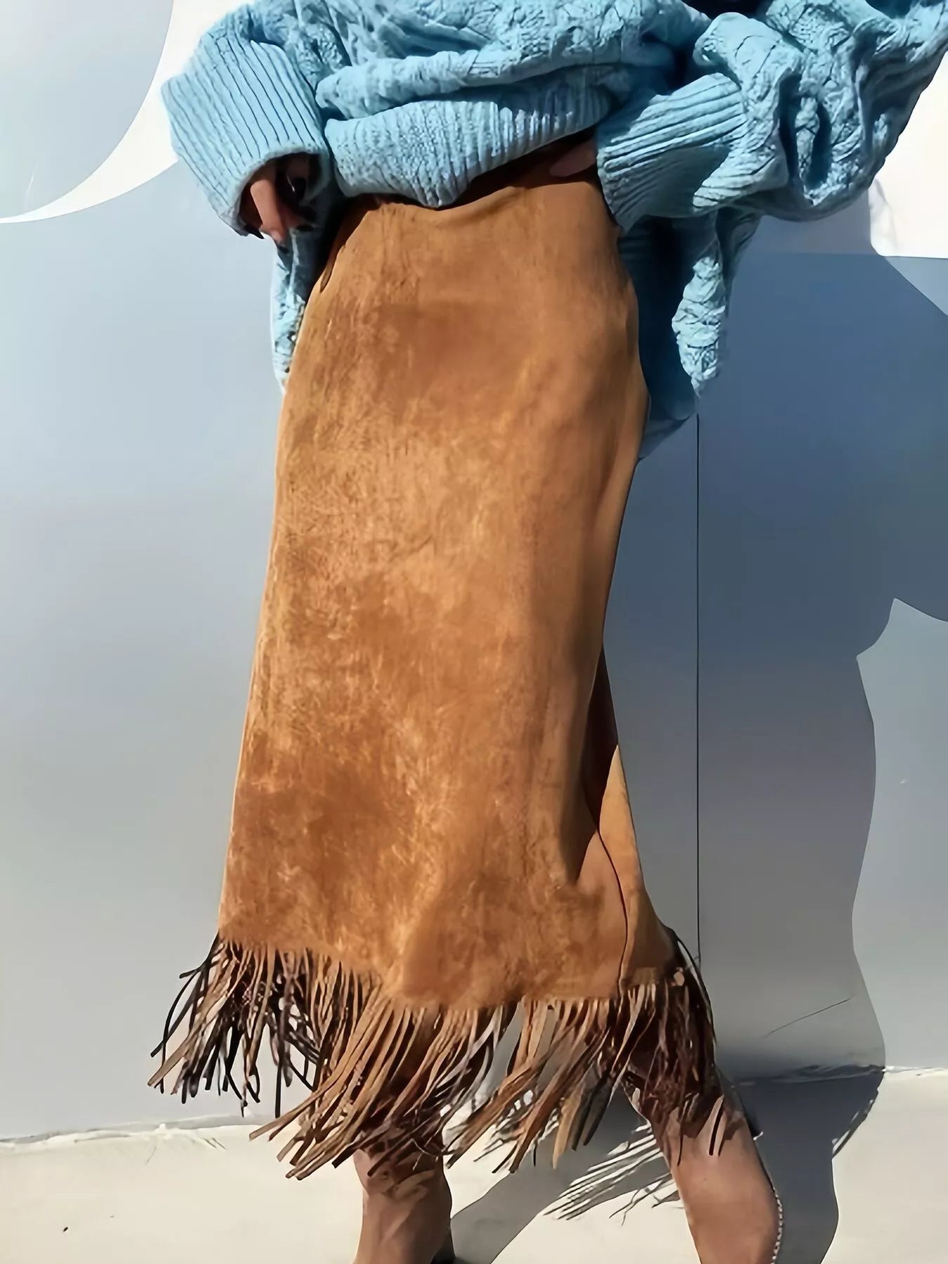 Suede Fringe Midi Skirt Light Brown Trendsi Suede Fringe Midi Skirt