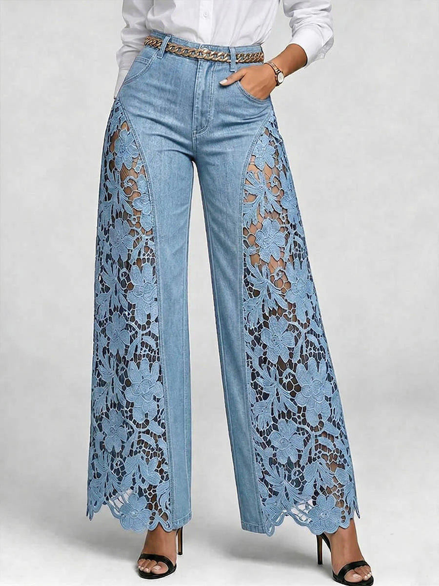 High-Waisted Wide-Leg Lace Panel Jeans Light Blue CJ Dropshipping Lace Panel Bell Bottom Jeans