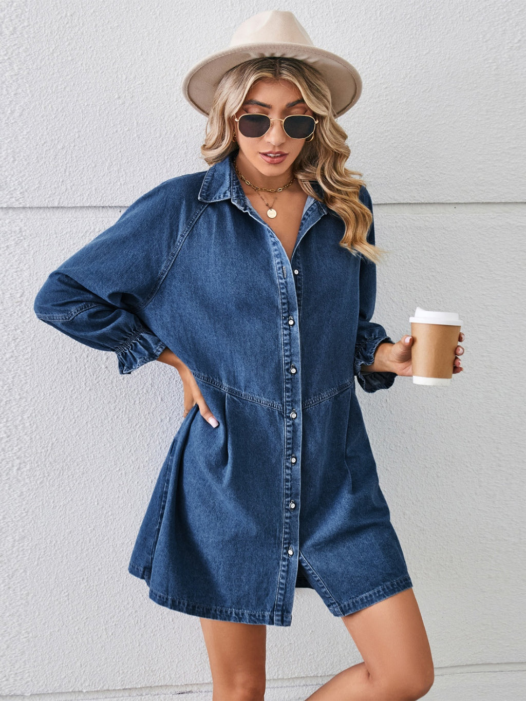 Button Up Flounce Long Sleeve Denim Dress
