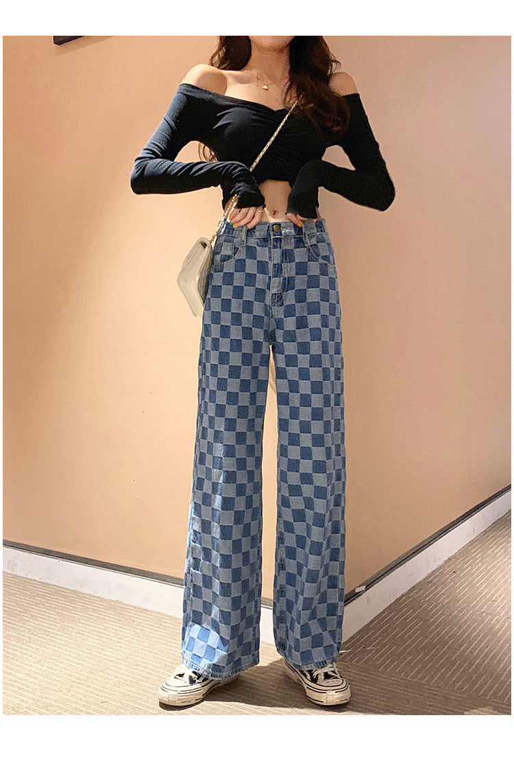 Women's Blue Checker Jeans