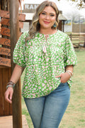 Green Plus Size Tassel Tie Split Neck Puff Sleeve Blouse Green 100%Polyester Dear-Lover Dropshipping Plus Size/Plus Size Tops/Plus Size Blouses & Shirts