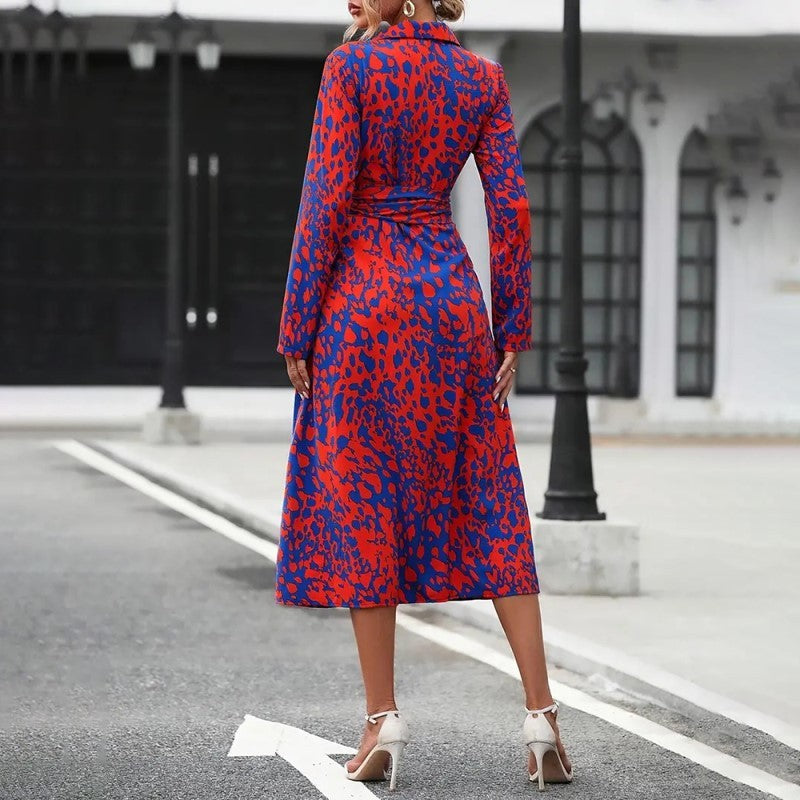 Abstract Print Collared V-Neck Belted Midi Dress