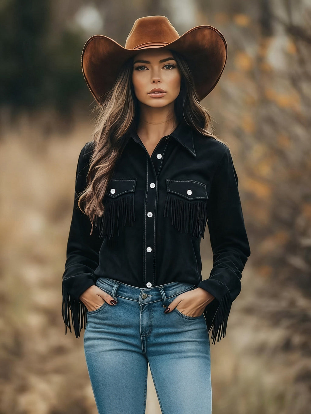 PU Suede Fringe Button Up Long Sleeve Shirt