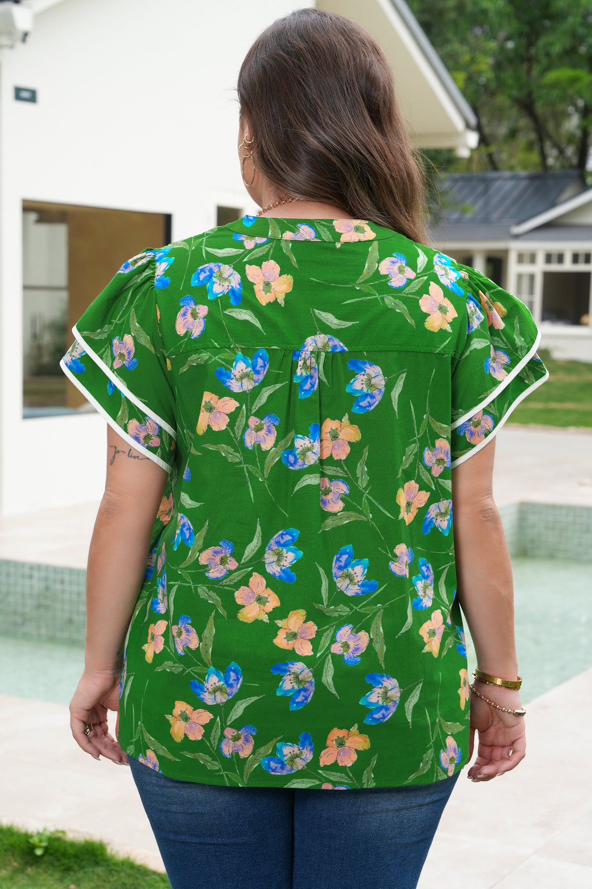 Green Floral Plus Size Button-Down Blouse