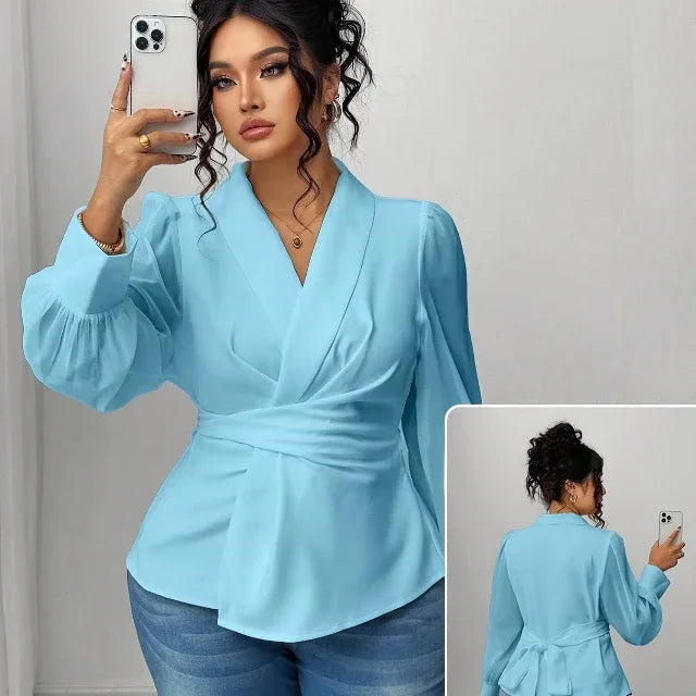 Mesh Semi-Sheer Wrap Button-Front Long Sleeve Blouse Light Blue Bazaare Mart Mesh Wrap Long Sleeve Blouse