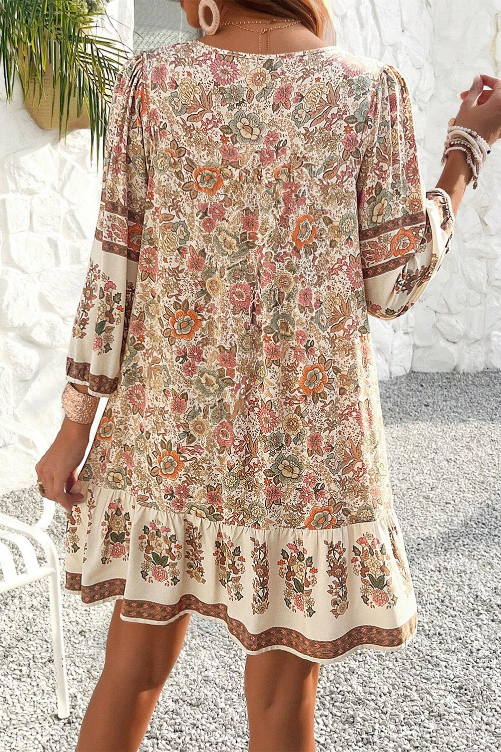 Back of Beige Boho Floral Loose Long Sleeve Mini Dress