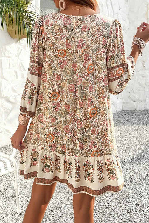 Beige Boho Loose Long Sleeve Mini Dress Bazaare Mart Dresses/Floral Dresses