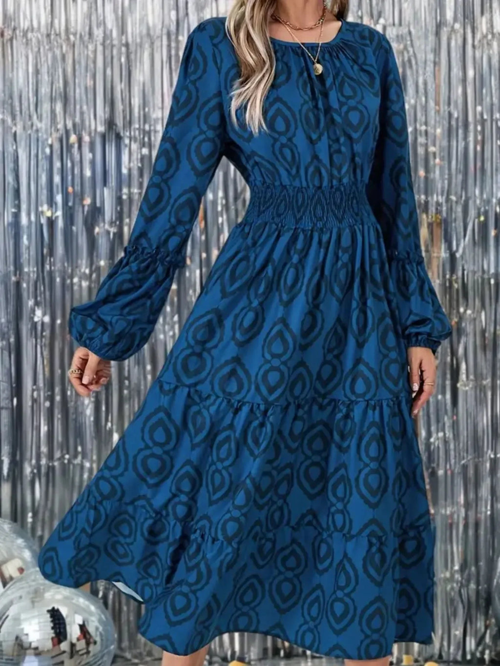 Printed Round Neck Balloon Sleeve Dress Trendsi Long Sleeve Printed Midi Dress