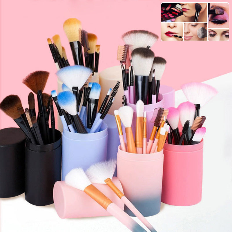 A collection of makeup brushes in various colors including pink, blue, black, and purple, displayed in cylindrical holders.
