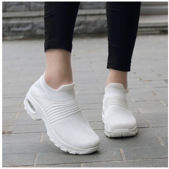 White Breathable Slip On Knit Walking Shoes