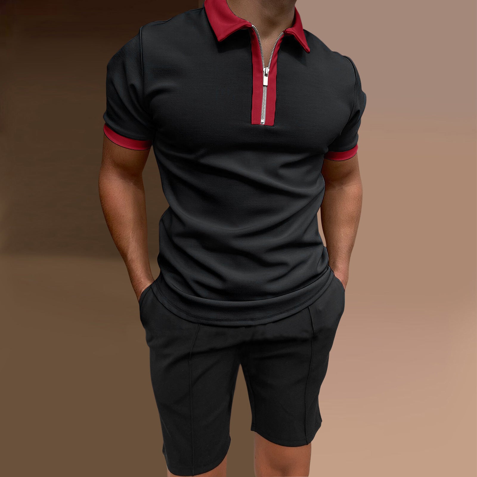 Black/Red Polo Shorts Set