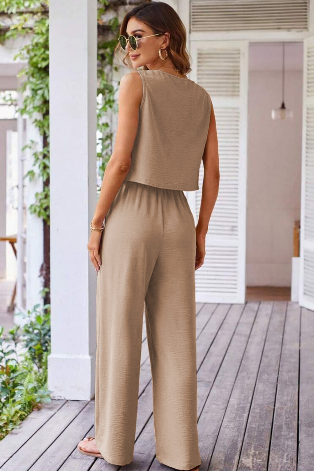 Goat Buttoned Vest and Drawstring Wide Leg Pants Set