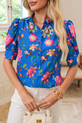 Blue Puff Sleeve Button Up Boho Floral Blouse Blue 100%Polyester Shewin Blouses