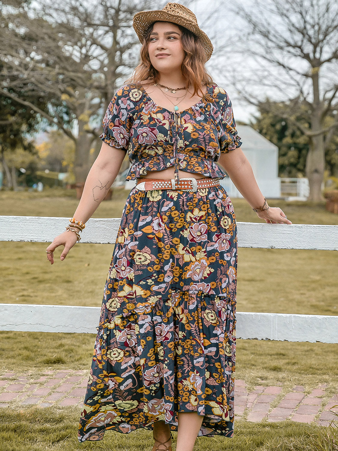 Floral Plus Size Short Sleeve Top and Skirt Set