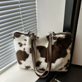 Cow Print Furry Tote Bag Chocolate One Size Trendsi Cow Print Furry Tote Bag