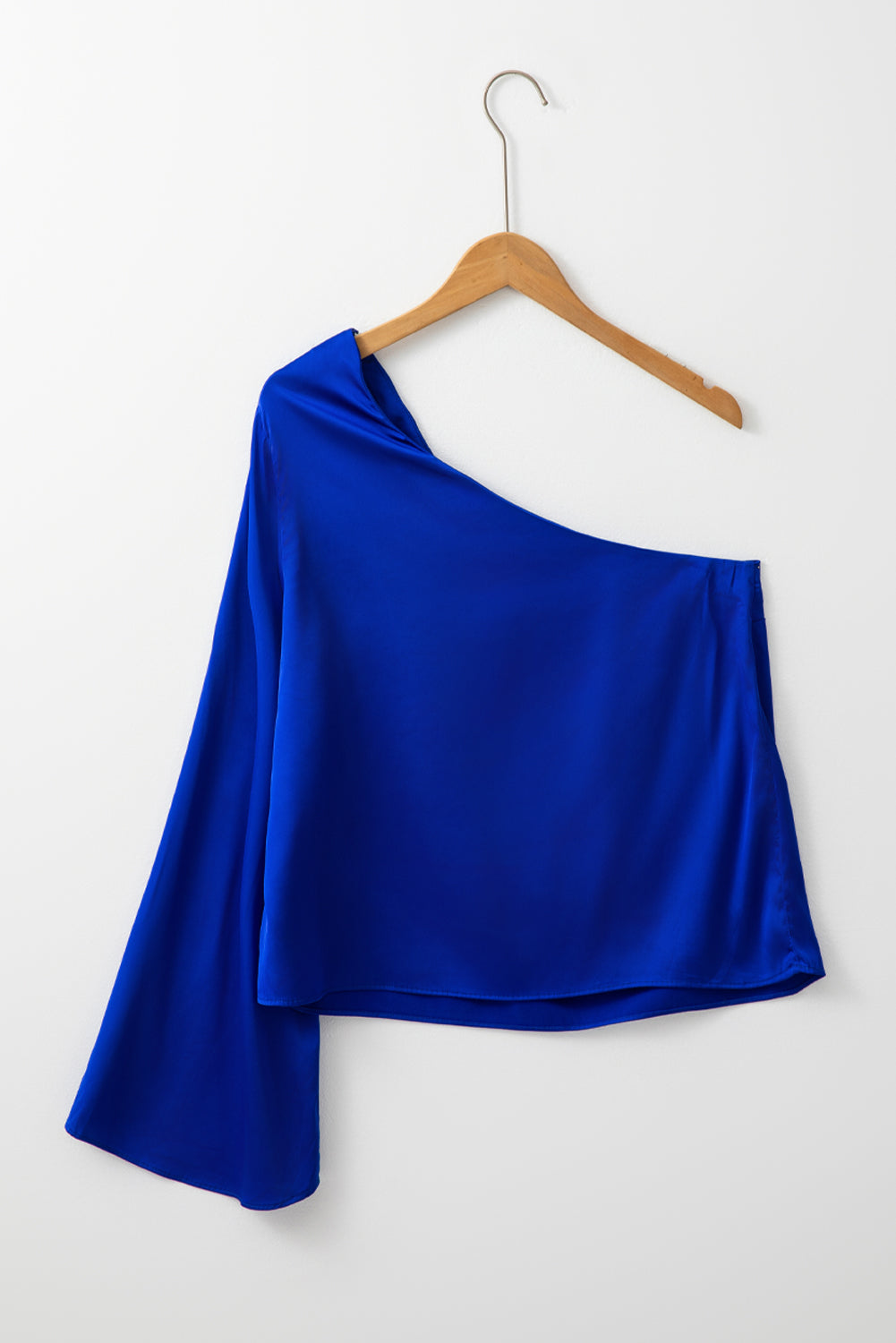 Royal Blue Asymmetric Bell Sleeve Satin Blouse