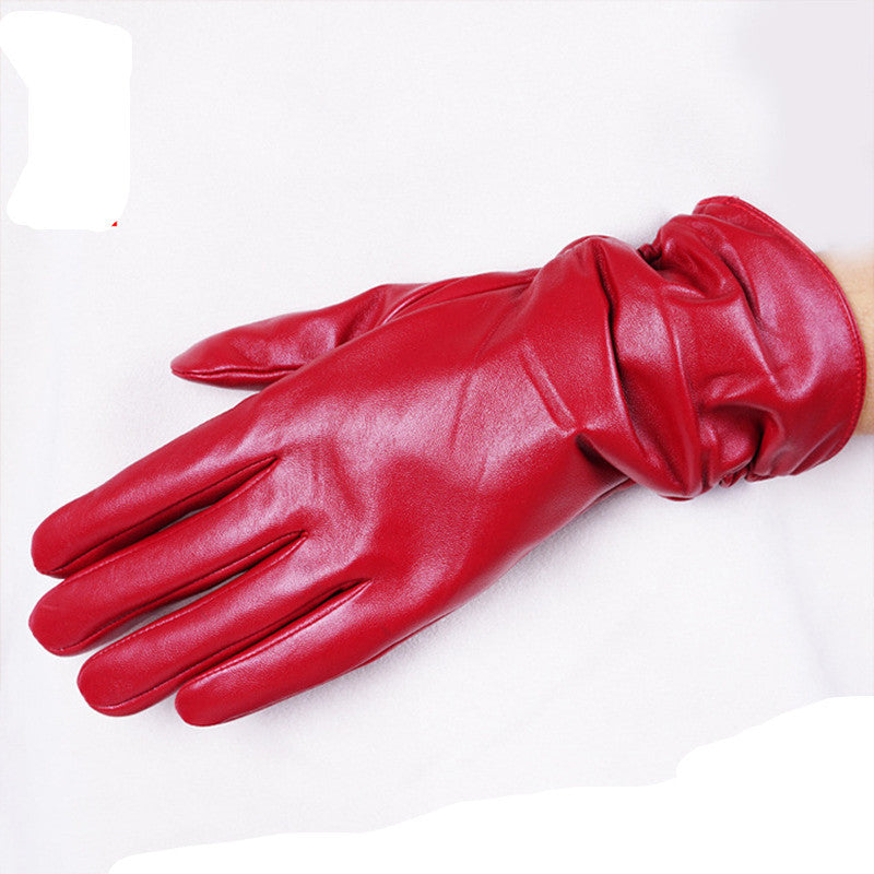 Women Winter Red Leather Gloves