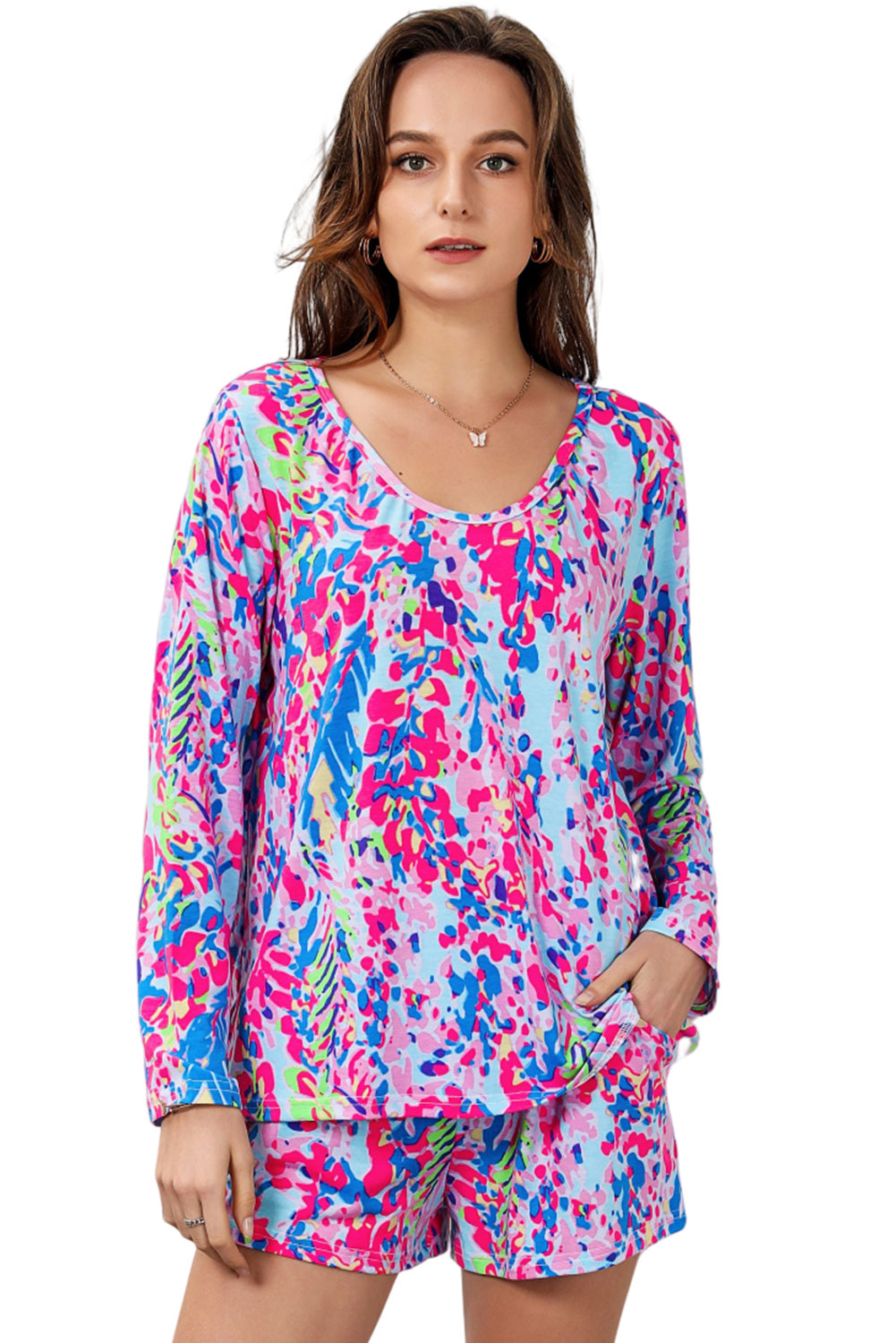 Multicolor Printed 3/4 Sleeve Split Neck Plus Size Tunic Top